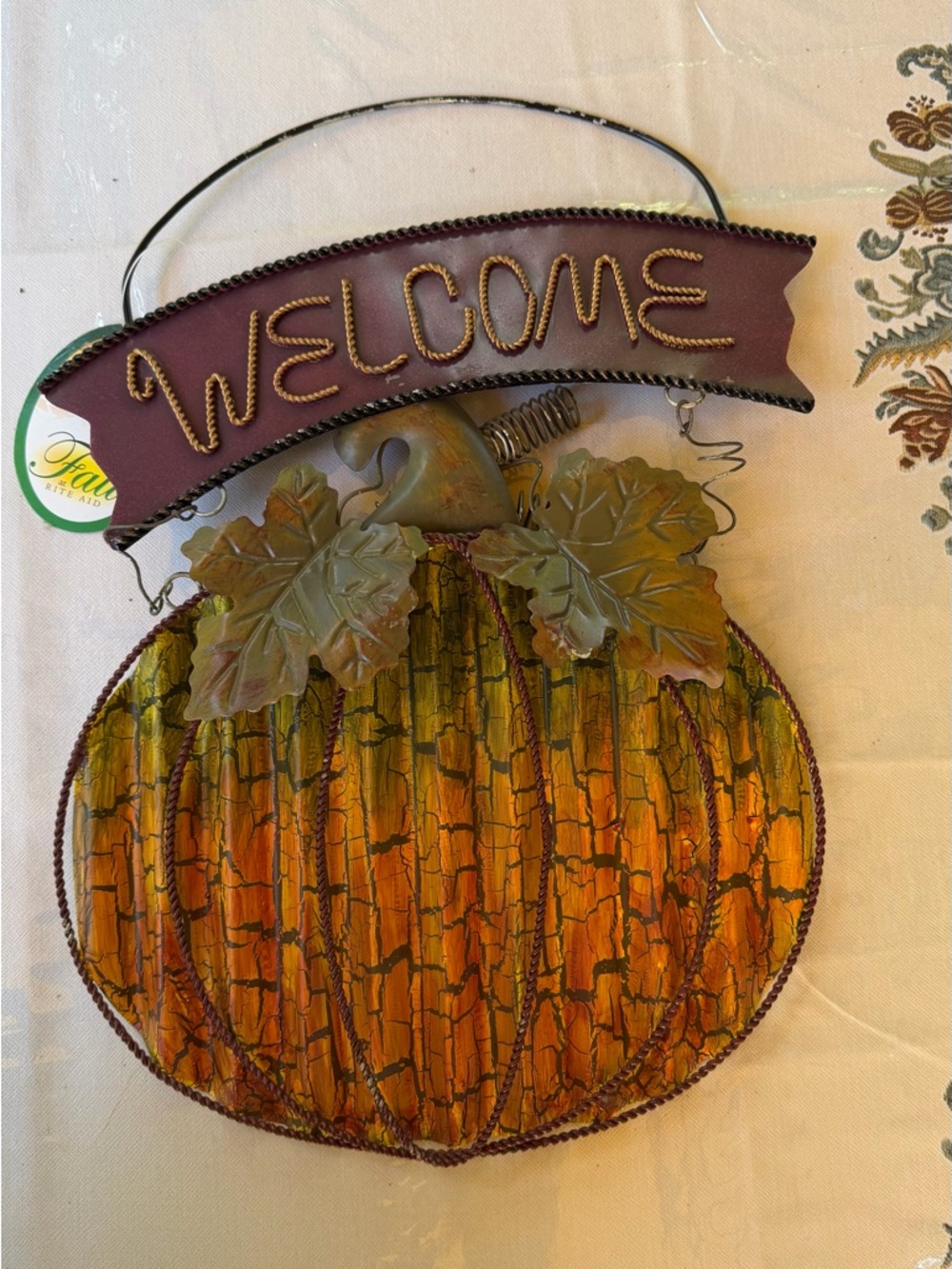 Welcome Pumpkin Door or Wall Hanging - Orange Green Autumn Decor 15”H x 11”W